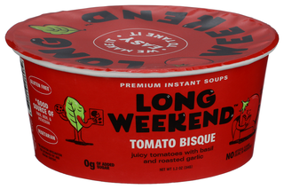 LONG WEEKEND FREEZE-DRIED TOMATO BISQUE SOUP 6 PACK, INSTANT CREAMY TOMATO SOUP WITH BASIL & GARLIC, HEALTHY SHELF-STABLE MEAL, JUST ADD WATER - Left - Front