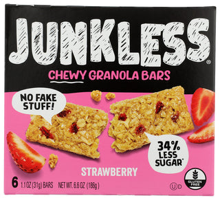 JUNKLESS 100% REAL STRAWBERRIES CHEWY GRANOLA BARS, 6 COUNT - No Plunge - Front