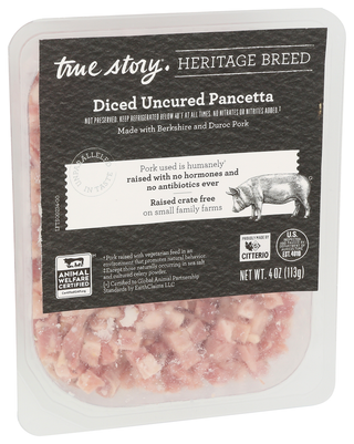 True Story Pancetta Uncured Diced - Left - Front