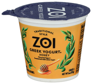 ZOI TRADITIONAL STYLE GREEK YOGURT, HONEY, 6 OZ. - Right - Front