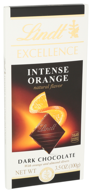 LINDT EXCELLENCE INTENSE ORANGE DARK CHOCOLATE, 3.5 OZ.  - Left - Front