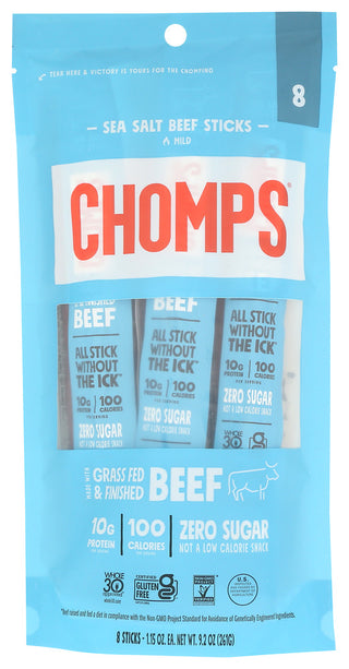 Chomps Beef Stick Seasalt 8pc - No Plunge - Front