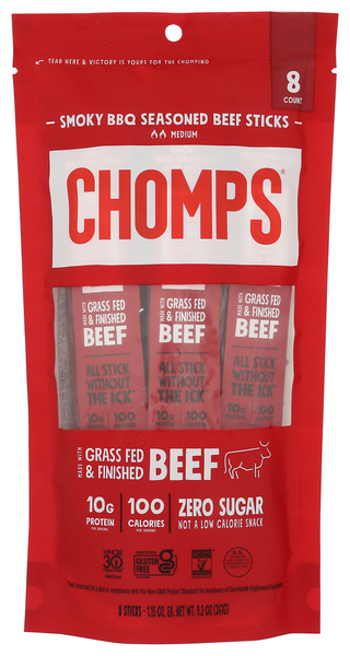 Chomps Sticks Beef Smoky Bbq 8pk - No Plunge - Front
