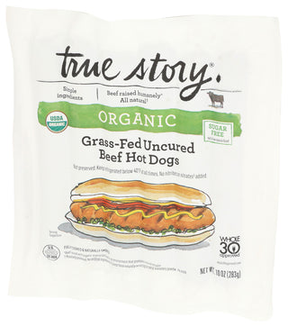 TRUE STORY ORGANIC GRASS-FED UNCURED BEEF HOT DOGS, 10 OZ. - Right - Front
