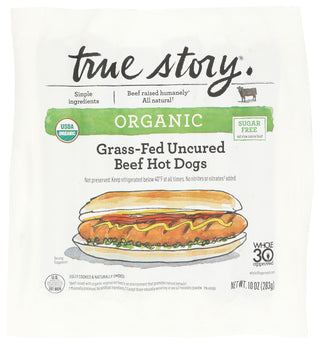TRUE STORY ORGANIC GRASS-FED UNCURED BEEF HOT DOGS, 10 OZ. - No Plunge - Front