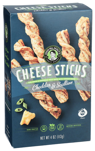 JOHN WM. MACY'S CHEDDAR & SCALLION CHEESESTICKS CHEESE & SOURDOUGH TWISTS, 4 OZ. - Left - Front