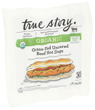 TRUE STORY ORGANIC GRASS-FED UNCURED BEEF HOT DOGS, 10 OZ. - Left - Front