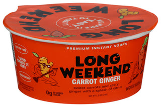 LONG WEEKEND FREEZE-DRIED CARROT GINGER SOUP 6 PACK, INSTANT PLANT-BASED SOUP WITH CITRUS & SPICE, VEGAN, SHELF-STABLE, JUST ADD WATER - Left - Front