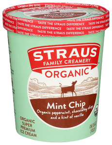 STRAUS FAMILY CREAMERY ORGANIC MINT CHOCOLATE CHIP SUPER PREMIUM ICE CREAM, 1 QT. - Left - Front