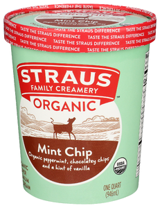 STRAUS FAMILY CREAMERY ORGANIC MINT CHOCOLATE CHIP SUPER PREMIUM ICE CREAM, 1 QT. - Right - Front