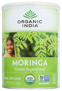 ORGANIC INDIA MORINGA, LEAF POWDER, 8 OZ. CAN - No Plunge - Front