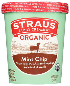STRAUS FAMILY CREAMERY ORGANIC MINT CHOCOLATE CHIP SUPER PREMIUM ICE CREAM, 1 QT. - No Plunge - Front